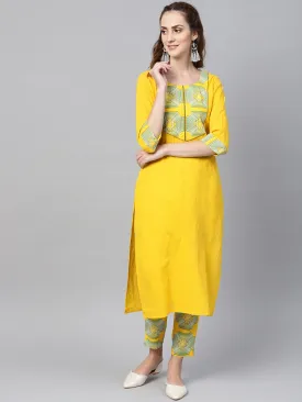 Solid Yellow Kurta Set With Front Printed Yoke & Printed Pants