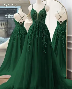 Spaghetti Strap Green Prom Dresses Lace Applique A Line Elegant Prom Gown Pageant Dresses For Women