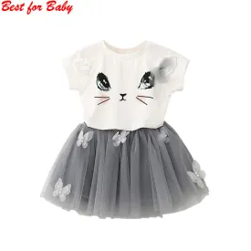 Summer Cute Cat T-Shirts Net Veil Tutu Skirt  Baby Short Sleeve Cartoon Kitten Printed Girls Clothing