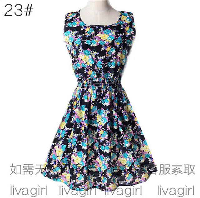 Summer Style Women Dress Casual Mini O-Neck Sleeveless Short A Line Dress Printed Party Evening 2017 big Size Elegant Dress