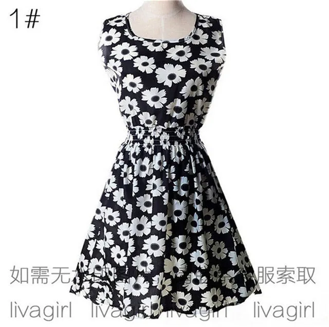 Summer Style Women Dress Casual Mini O-Neck Sleeveless Short A Line Dress Printed Party Evening 2017 big Size Elegant Dress