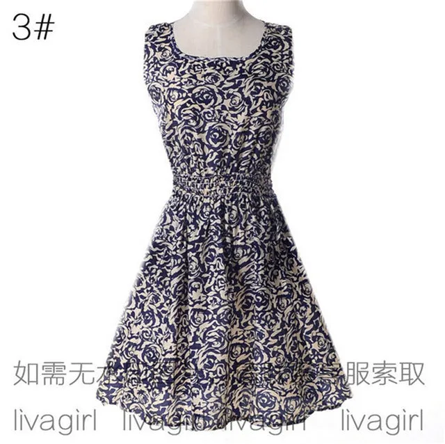 Summer Style Women Dress Casual Mini O-Neck Sleeveless Short A Line Dress Printed Party Evening 2017 big Size Elegant Dress