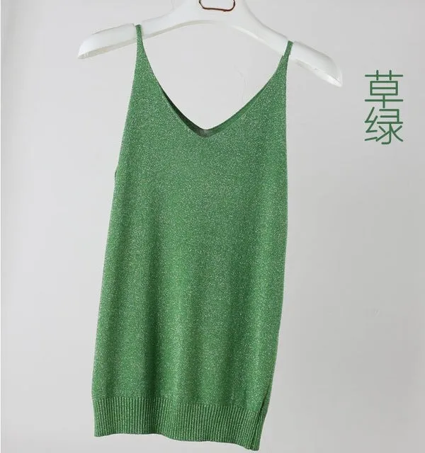 Summer Women Fashion Slim Knitting Tank Tops Female Bodycon Camisole Sleeveless T shirts With Shinning Rayon Knitted