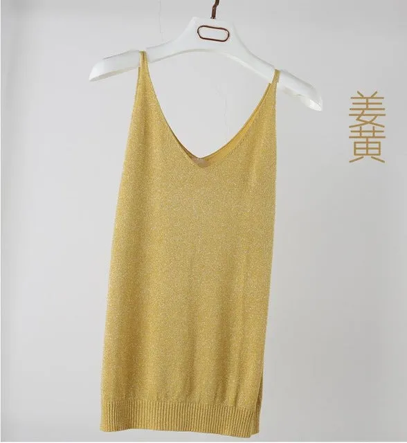 Summer Women Fashion Slim Knitting Tank Tops Female Bodycon Camisole Sleeveless T shirts With Shinning Rayon Knitted