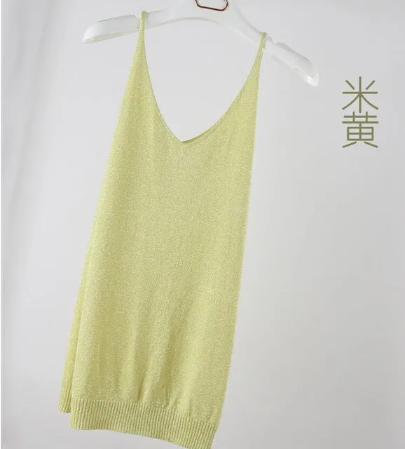 Summer Women Fashion Slim Knitting Tank Tops Female Bodycon Camisole Sleeveless T shirts With Shinning Rayon Knitted