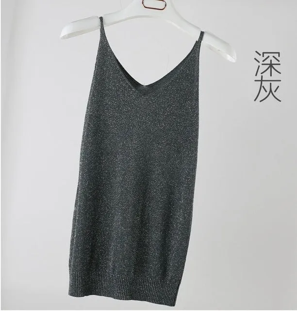 Summer Women Fashion Slim Knitting Tank Tops Female Bodycon Camisole Sleeveless T shirts With Shinning Rayon Knitted