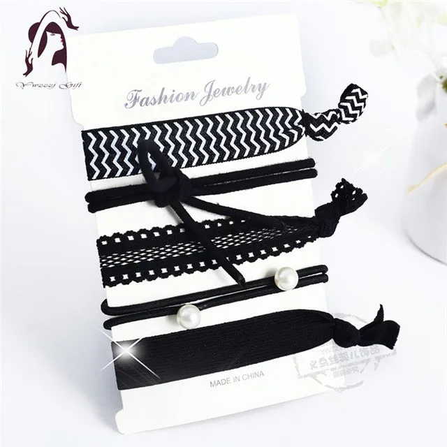 Trendy Summer Elastic Women Hair Accessories Tassel Hairband Jewelry Hand Band For Girls 5PCS/Pack Hair Tips Headwear Hair Bands