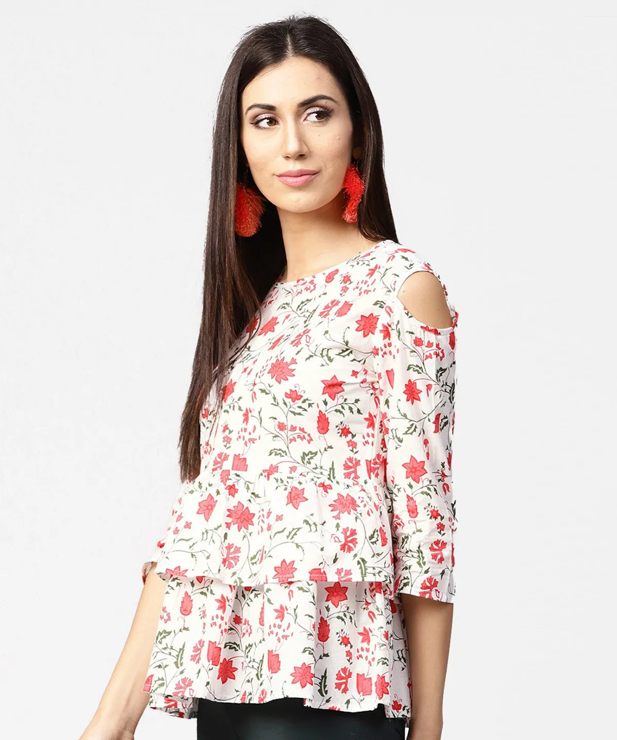 White & Red Printed 3/4Th Cold Shoulder Sleeve Layered Tops