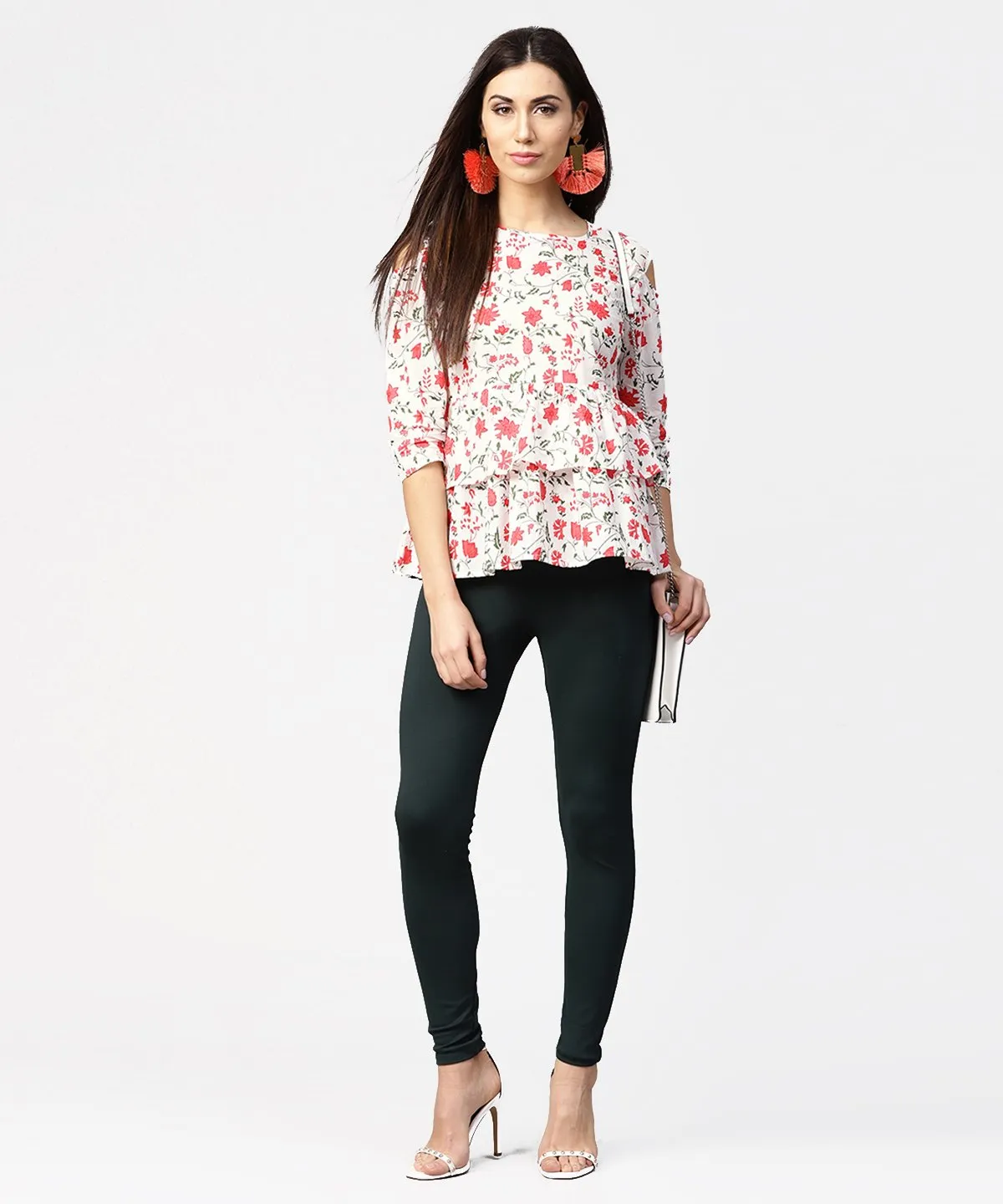 White & Red Printed 3/4Th Cold Shoulder Sleeve Layered Tops