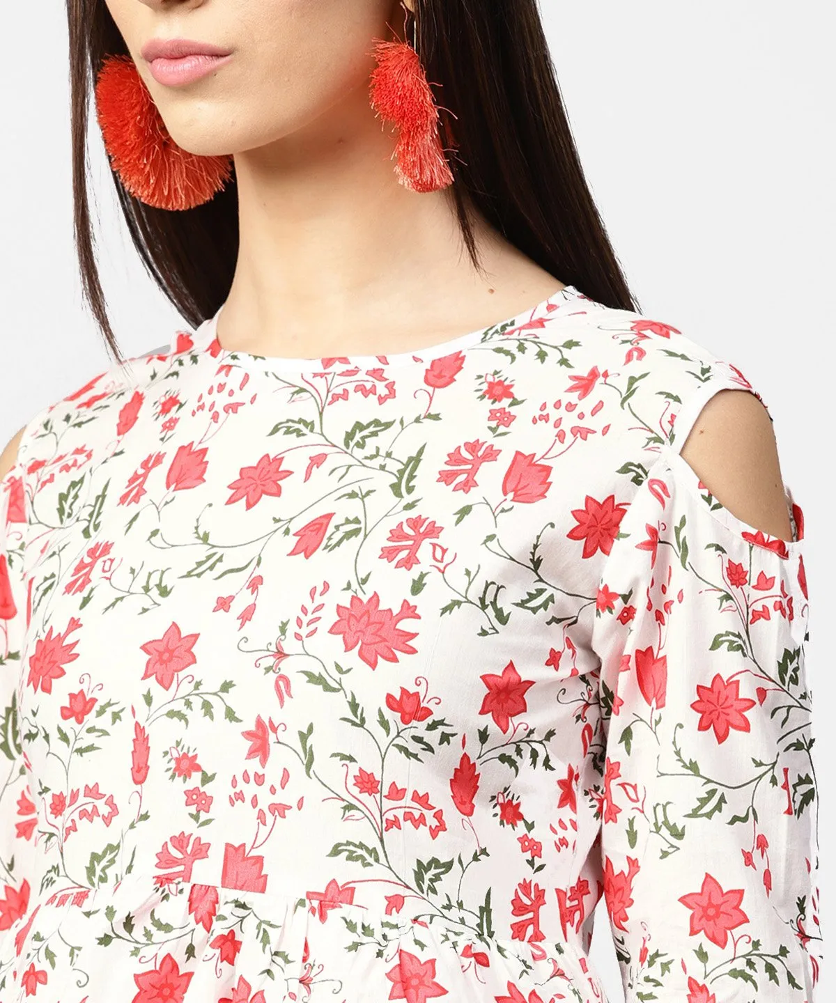 White & Red Printed 3/4Th Cold Shoulder Sleeve Layered Tops