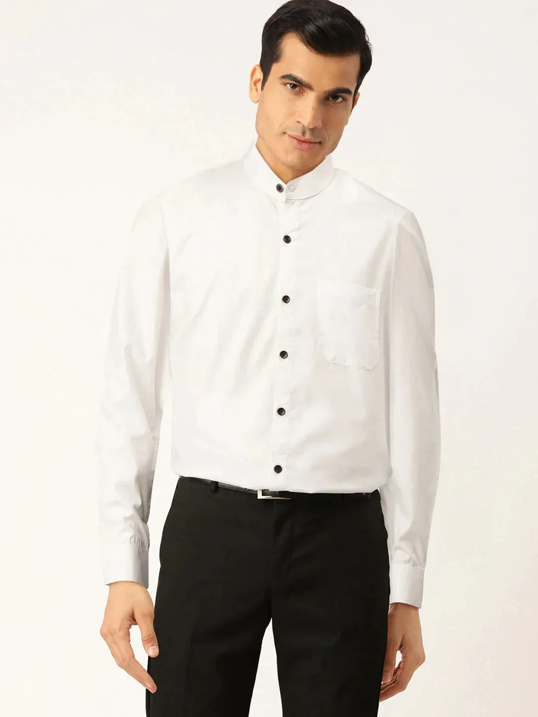 White Men'S Cotton Solid Mandarin Collar Formal Shirts