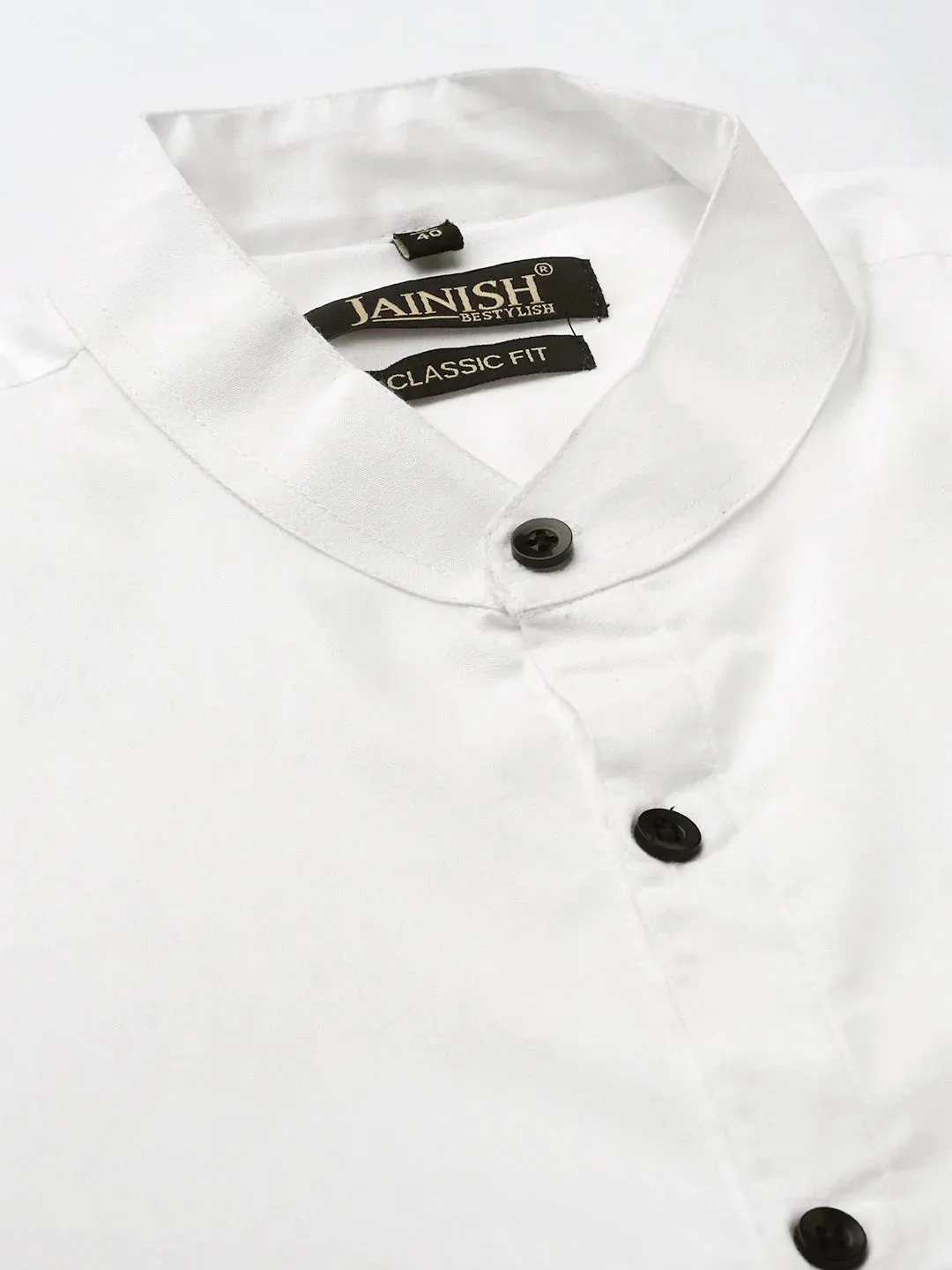 White Men'S Cotton Solid Mandarin Collar Formal Shirts