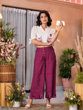 Wine Thread Embroidered Cotton Shirt Crop Top & Pant Co-Ord Set With Buttons & Tie-ups