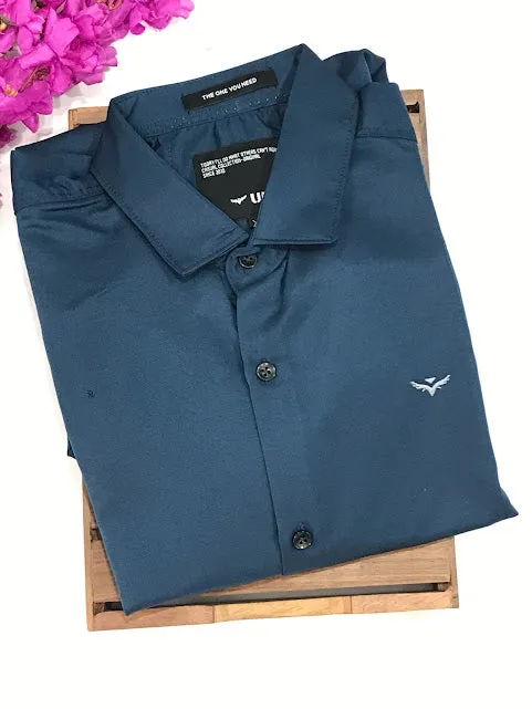 Winsome Blue Color Full Sleeve Shining Silk Shirts For Men