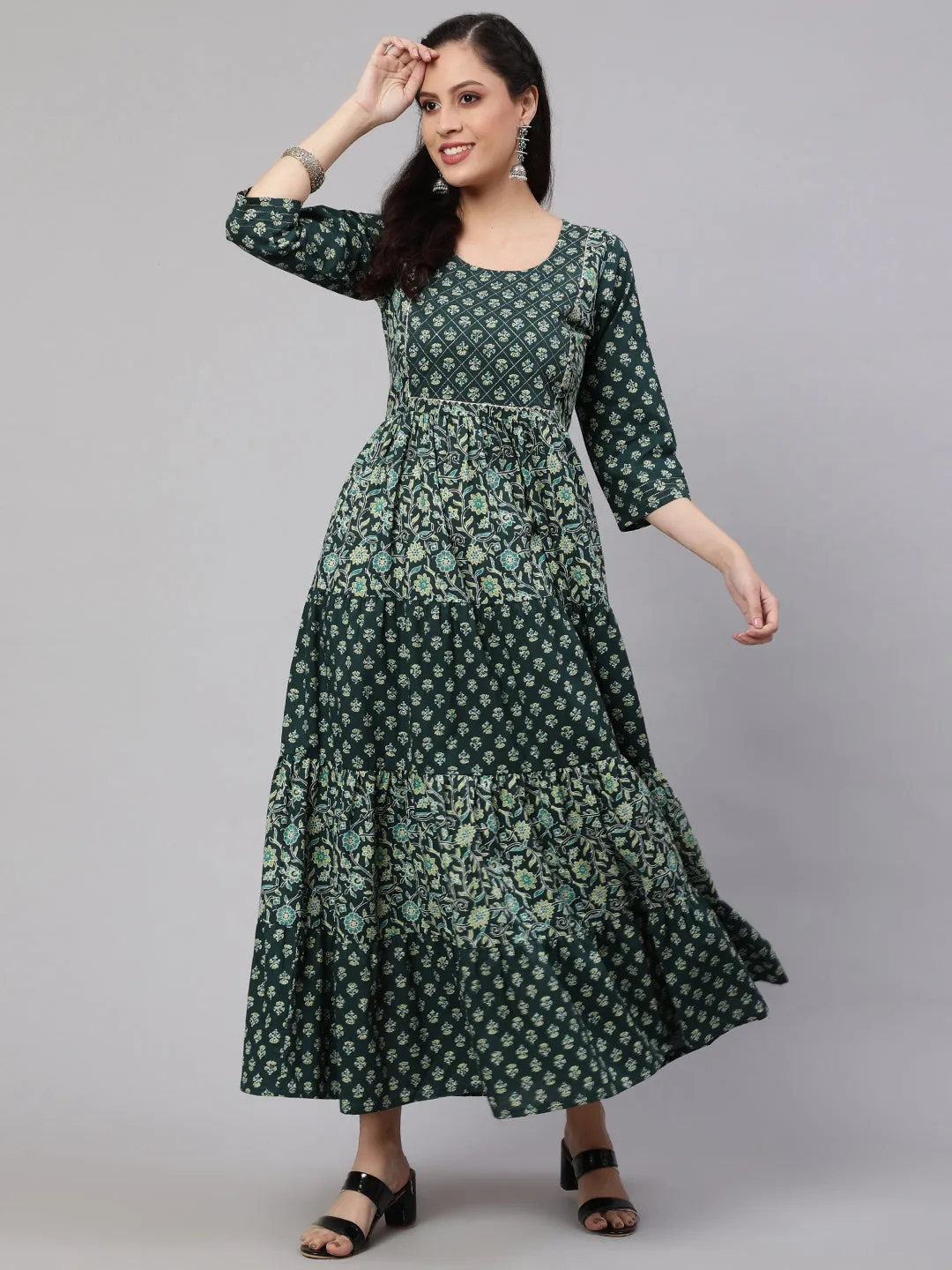 Wome Green Printed Gathered Dress With Gotta Patti & Zari Work