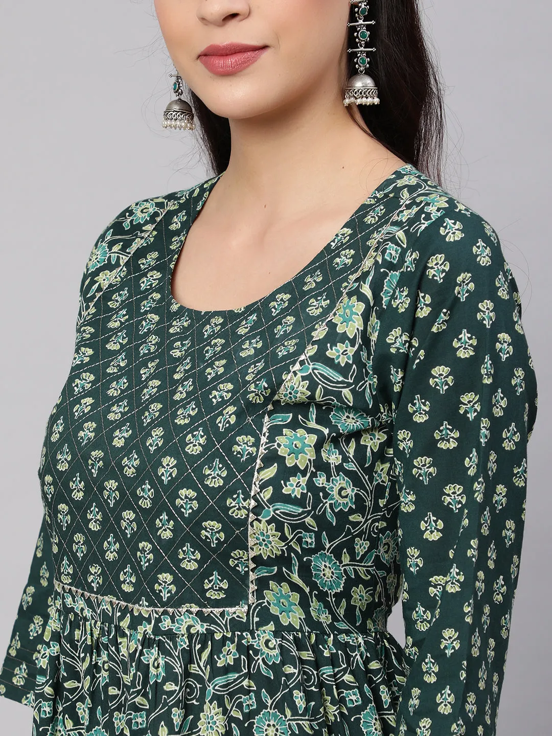 Wome Green Printed Gathered Dress With Gotta Patti & Zari Work