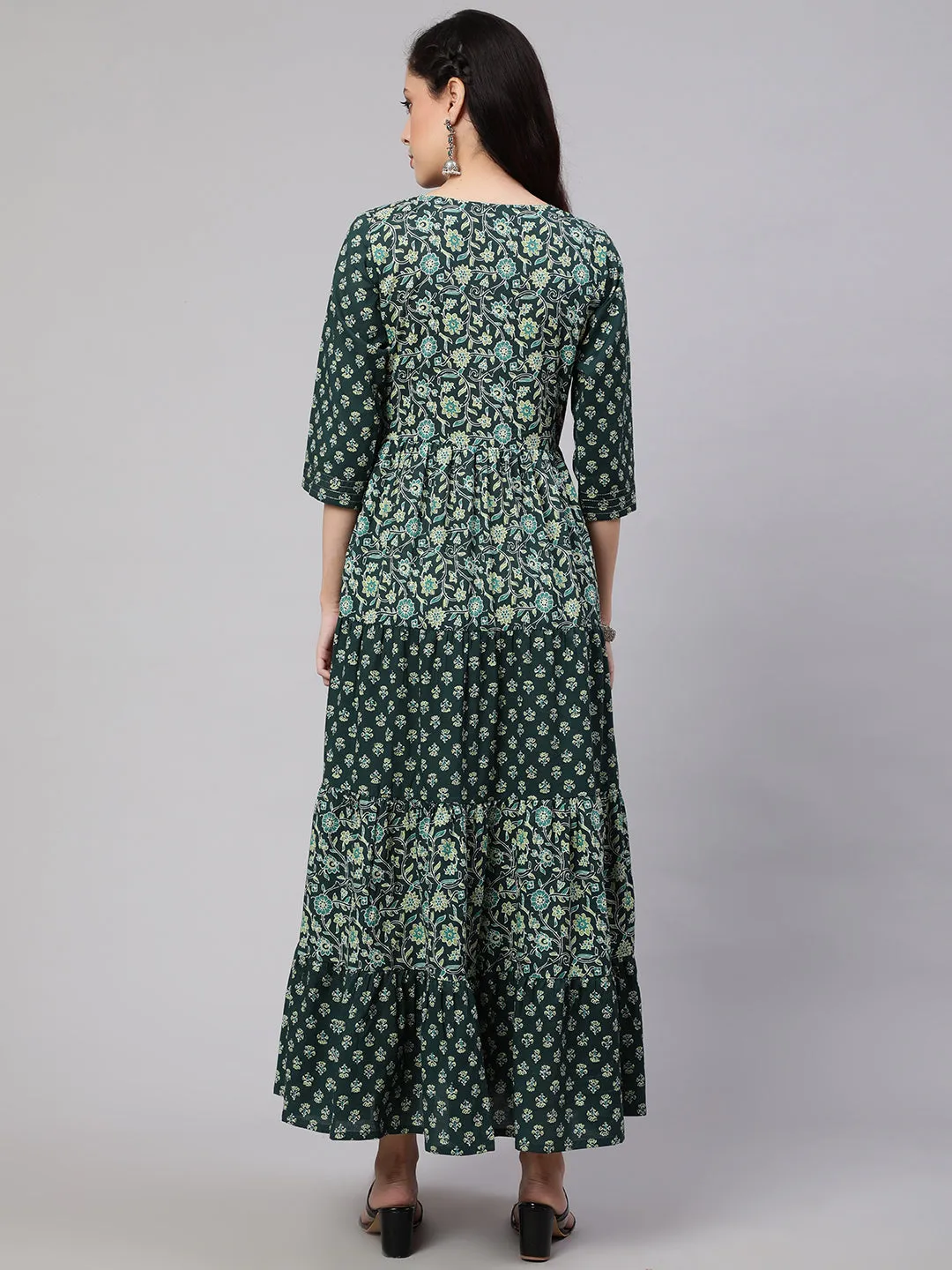 Wome Green Printed Gathered Dress With Gotta Patti & Zari Work