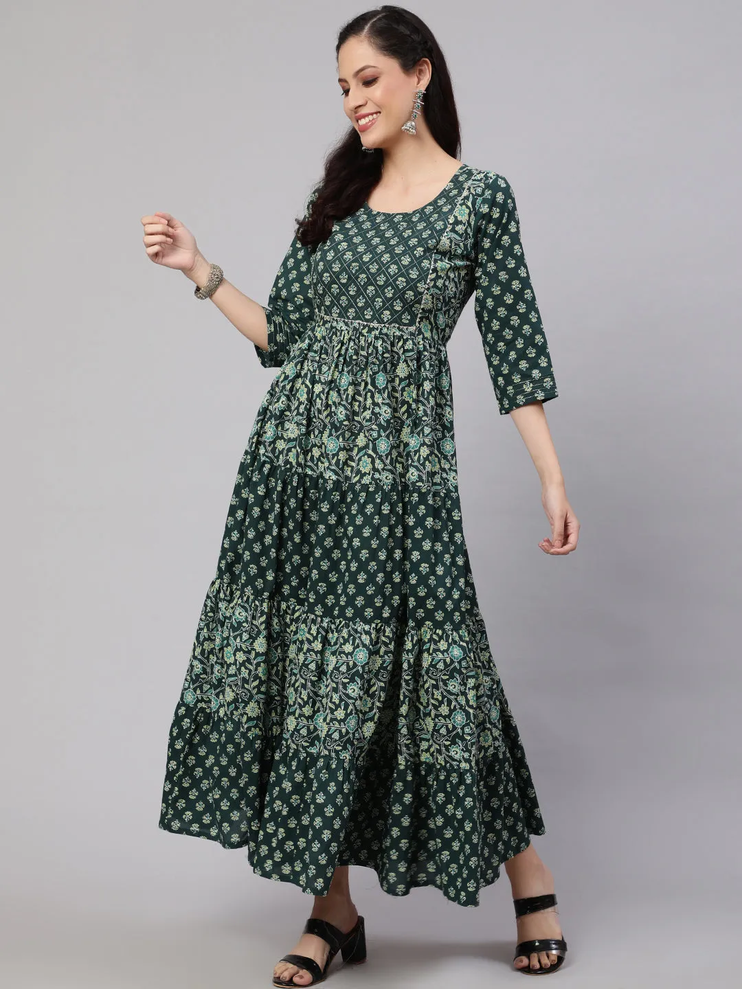 Wome Green Printed Gathered Dress With Gotta Patti & Zari Work