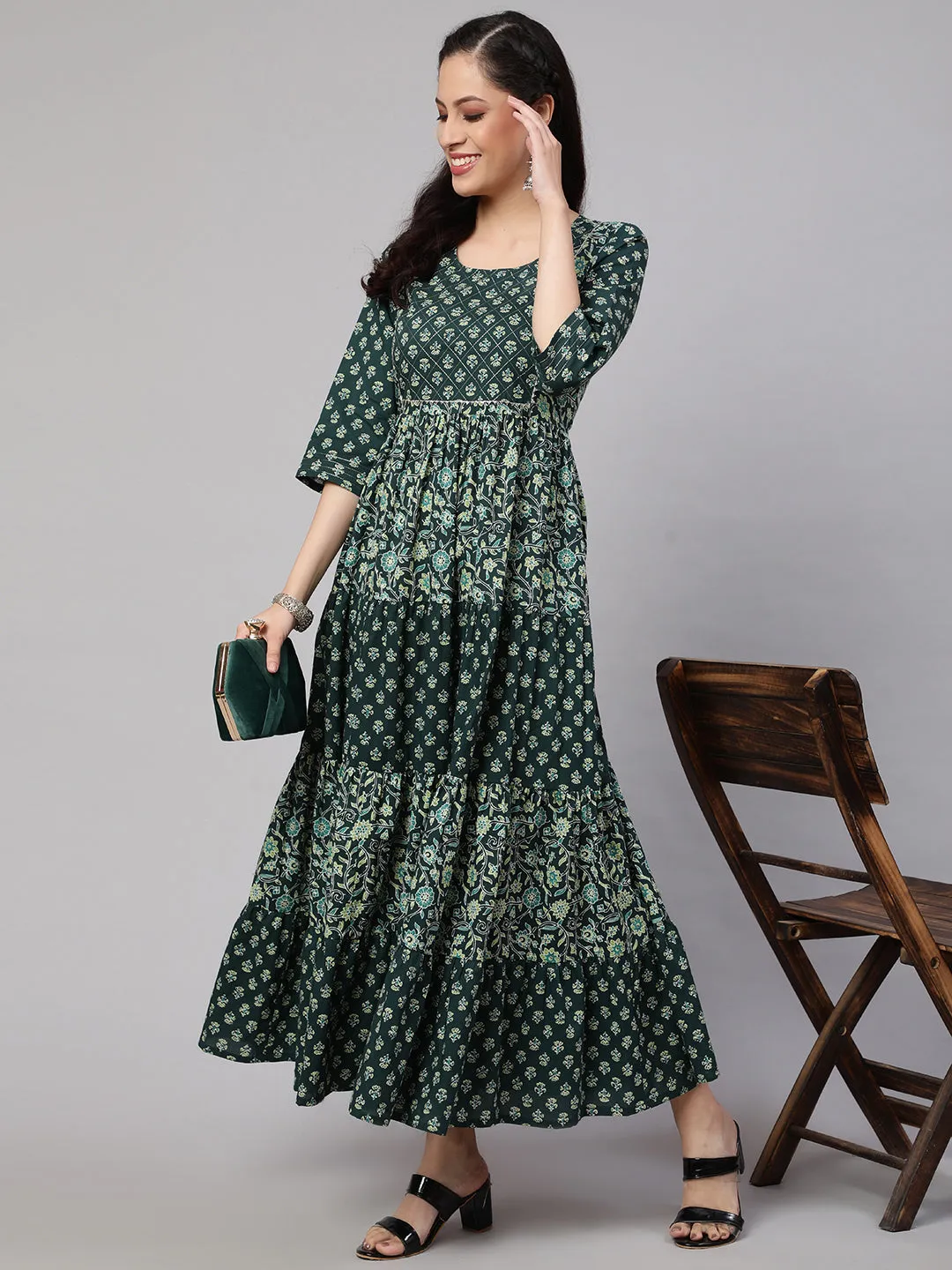 Wome Green Printed Gathered Dress With Gotta Patti & Zari Work