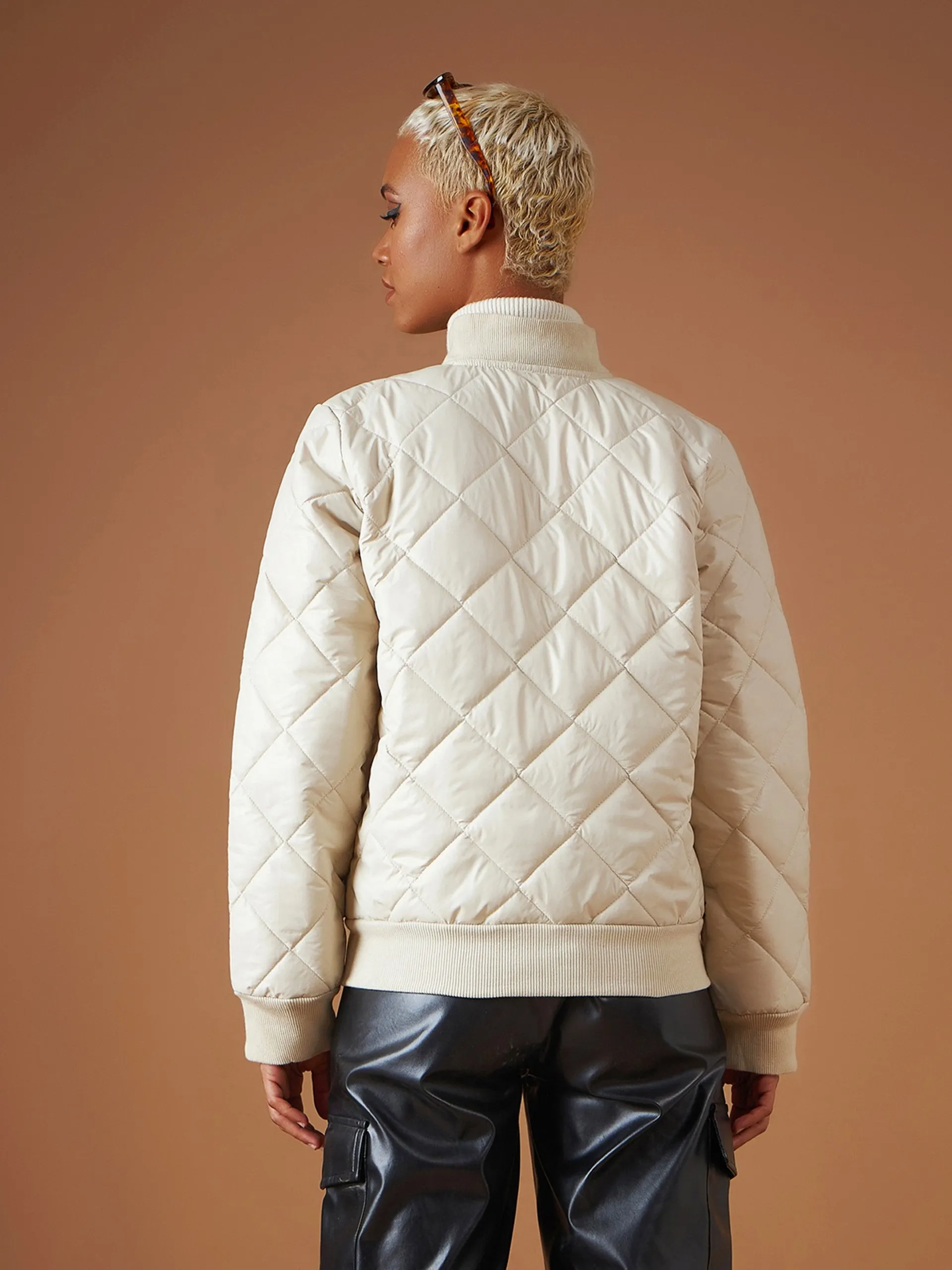 Women Beige Diamond Quilted Bomber Jacket