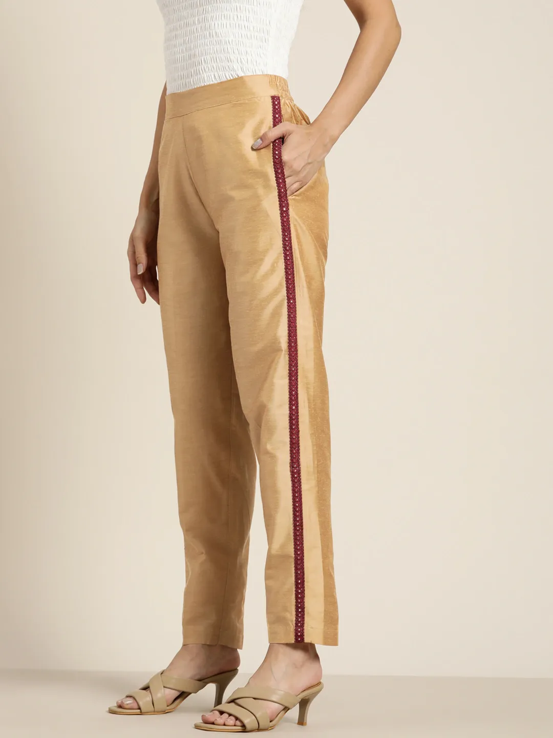 Women Beige Mirror Lace Pencil Pants