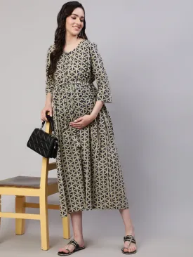 Women Beige Printed Flared Maternity Dress