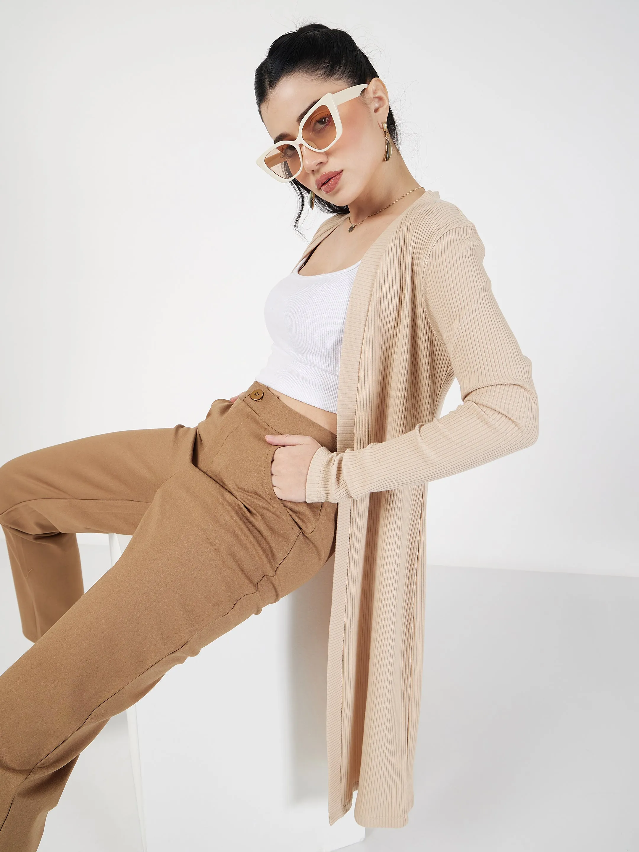 Women Beige Rib Front Open Shrug