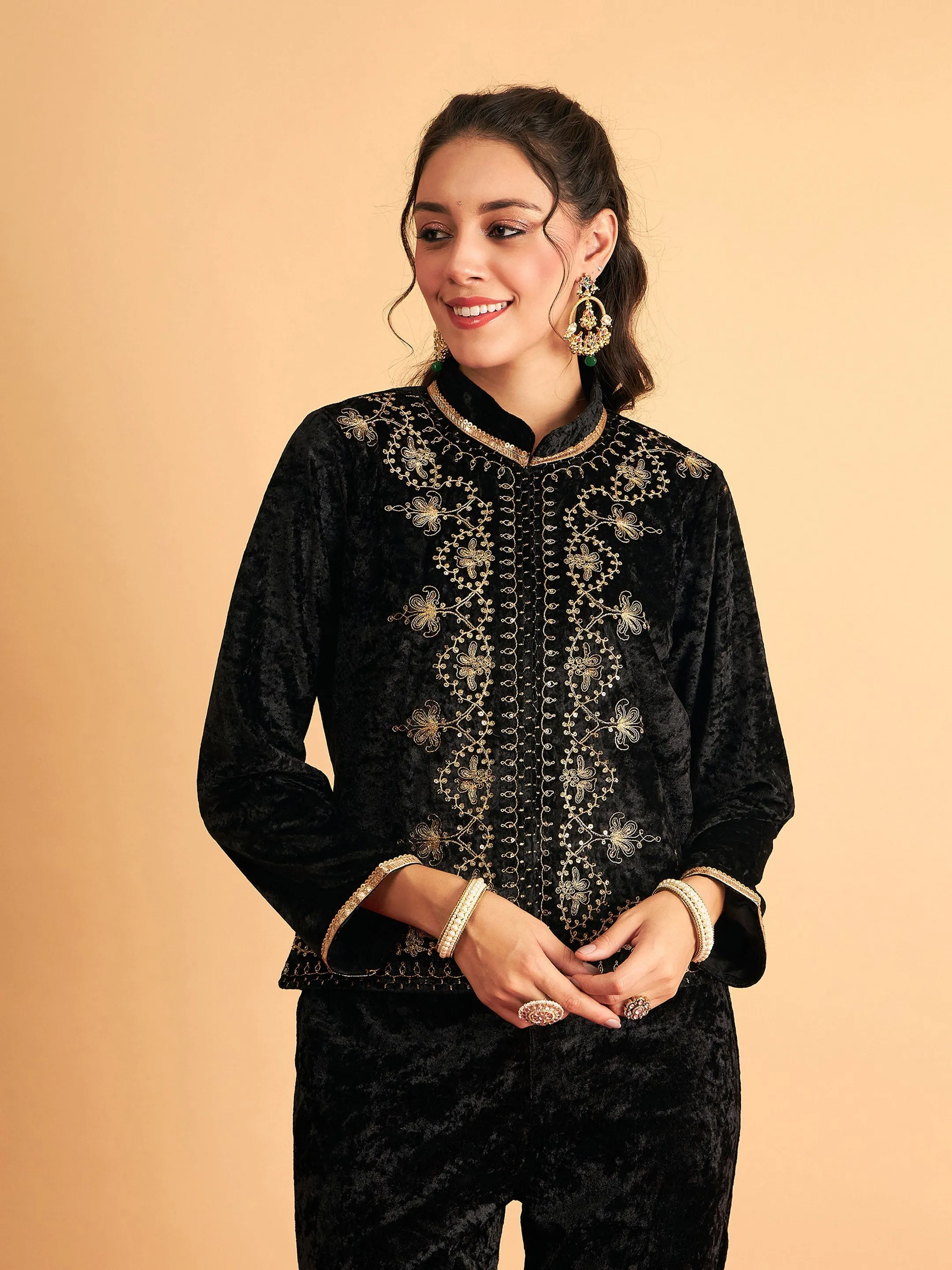 Women Black Velvet Front Embroidered Jacket