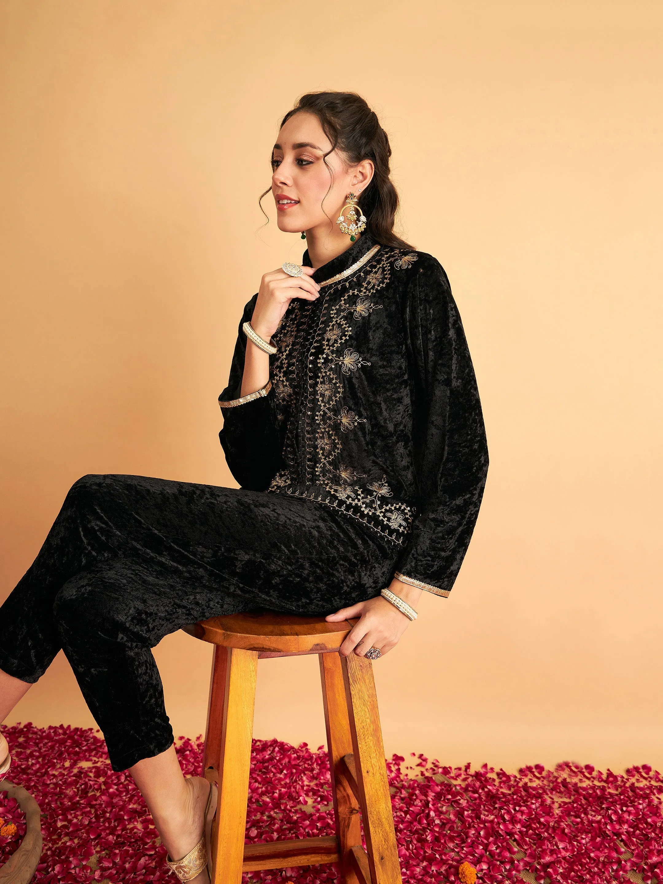 Women Black Velvet Front Embroidered Jacket