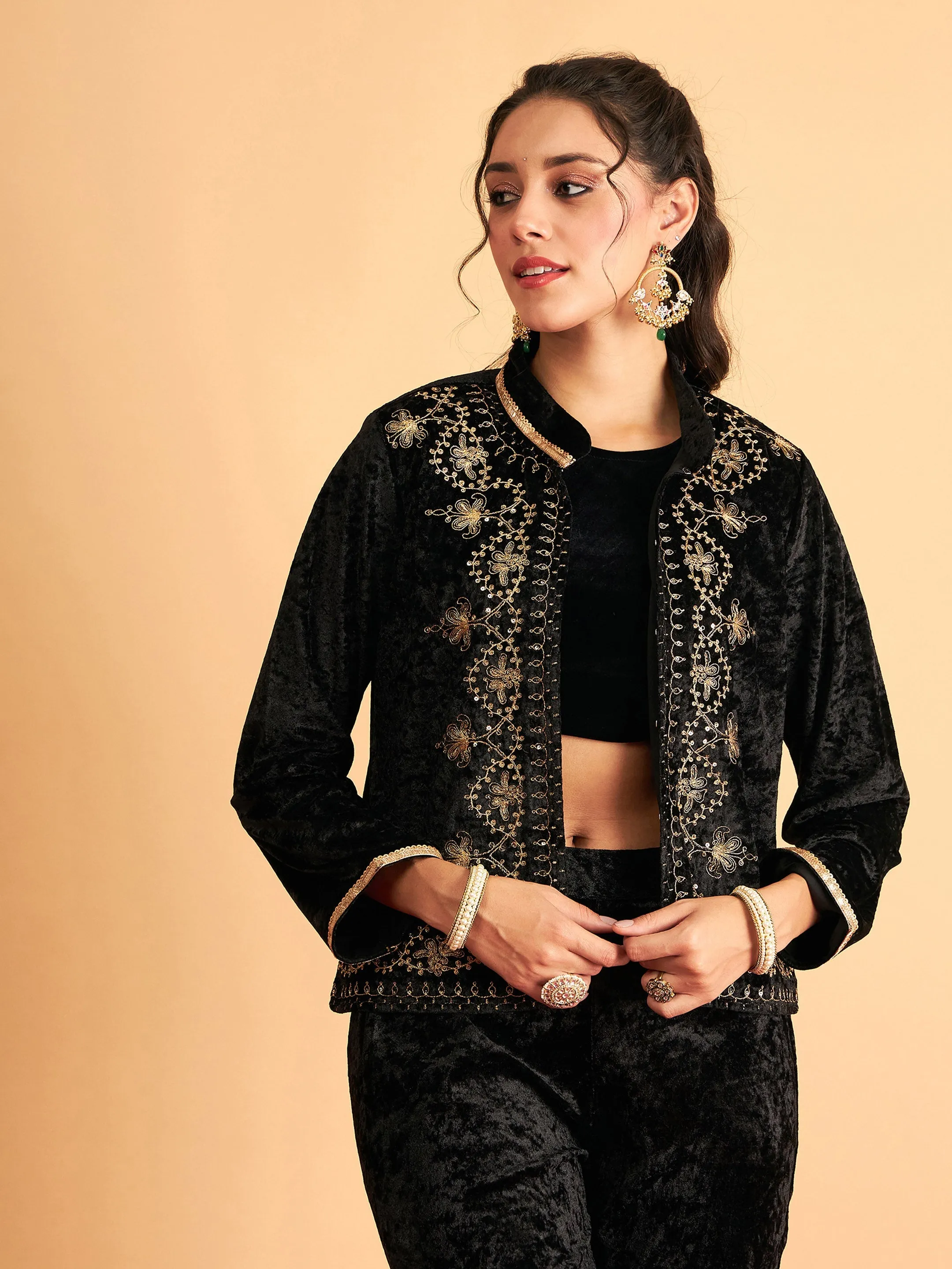 Women Black Velvet Front Embroidered Jacket