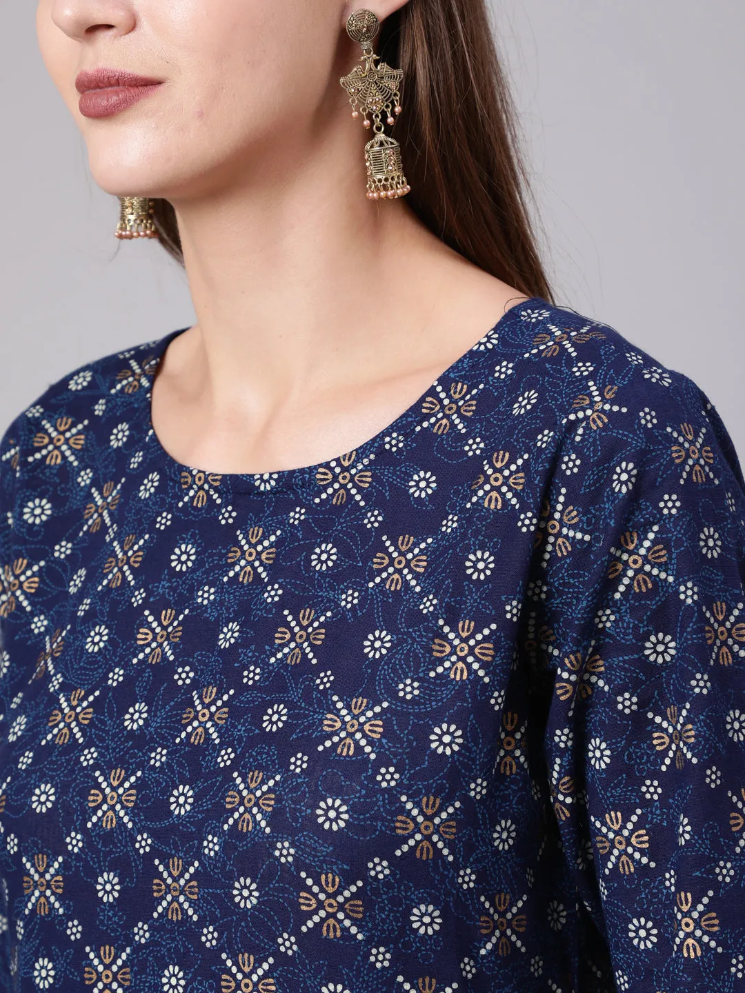 Women Blue & Gold Printed Dress With Three Quarter Sleeves