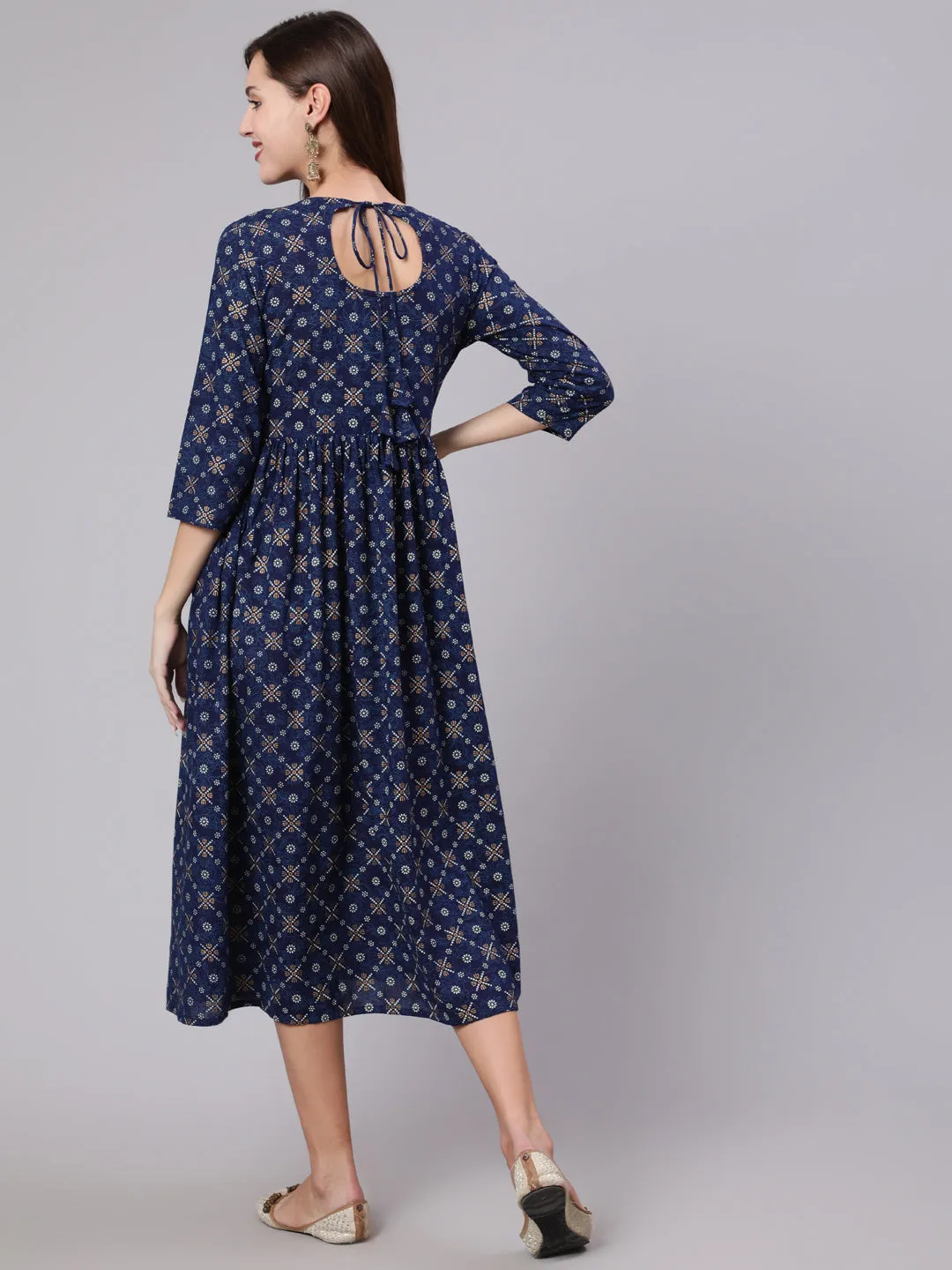 Women Blue & Gold Printed Dress With Three Quarter Sleeves