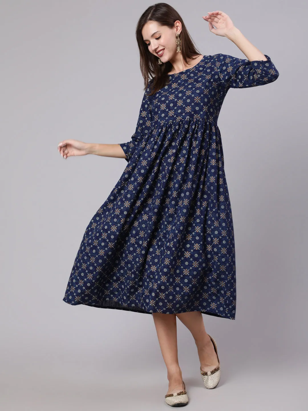 Women Blue & Gold Printed Dress With Three Quarter Sleeves