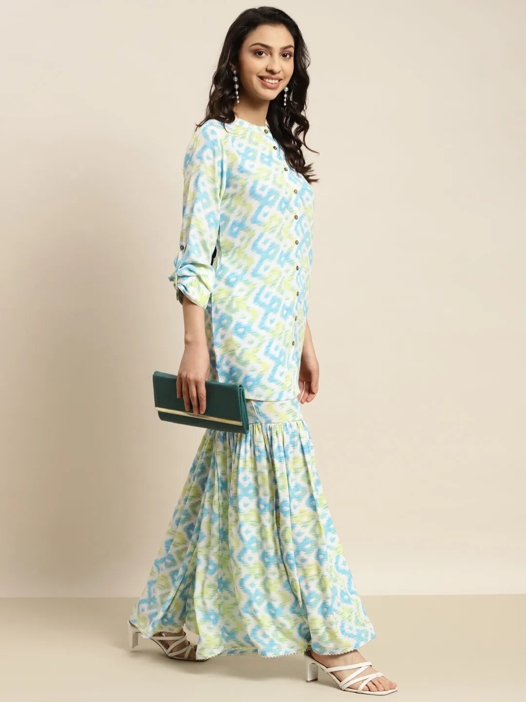 Women Blue & Green Ikat Print Flared Sharara Pants