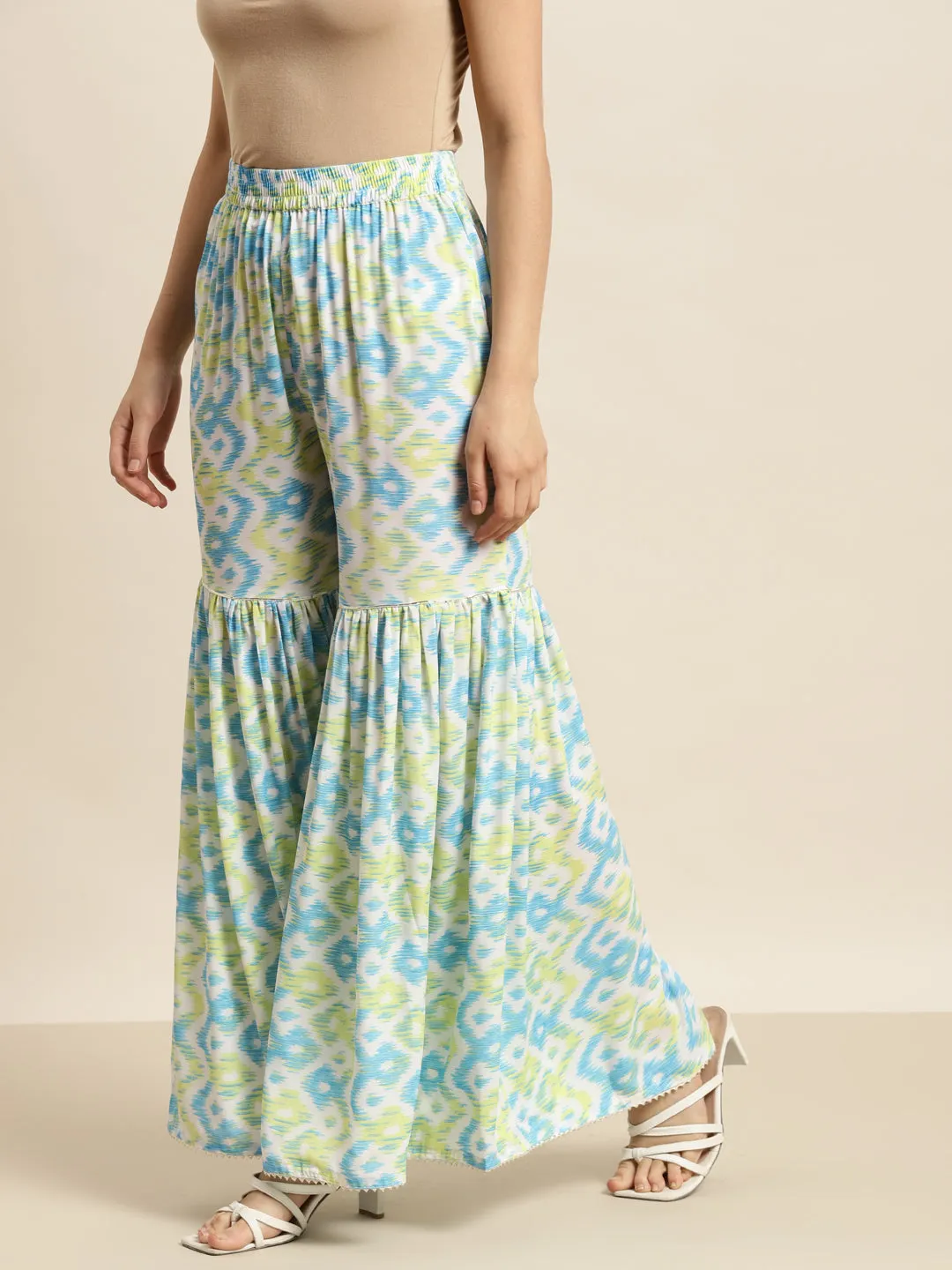 Women Blue & Green Ikat Print Flared Sharara Pants