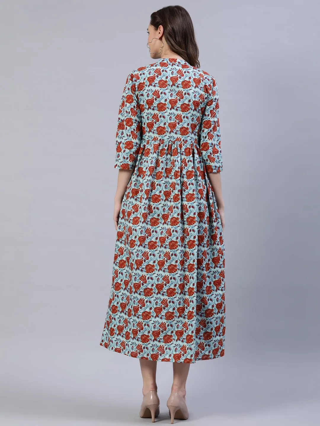 Women Blue & Rust Floral Printed Dress With Three Quarter Sleeves