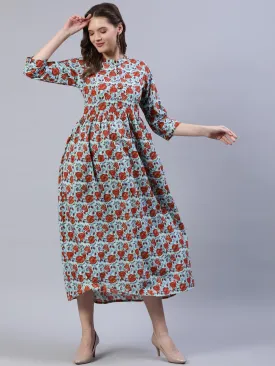 Women Blue & Rust Floral Printed Dress With Three Quarter Sleeves