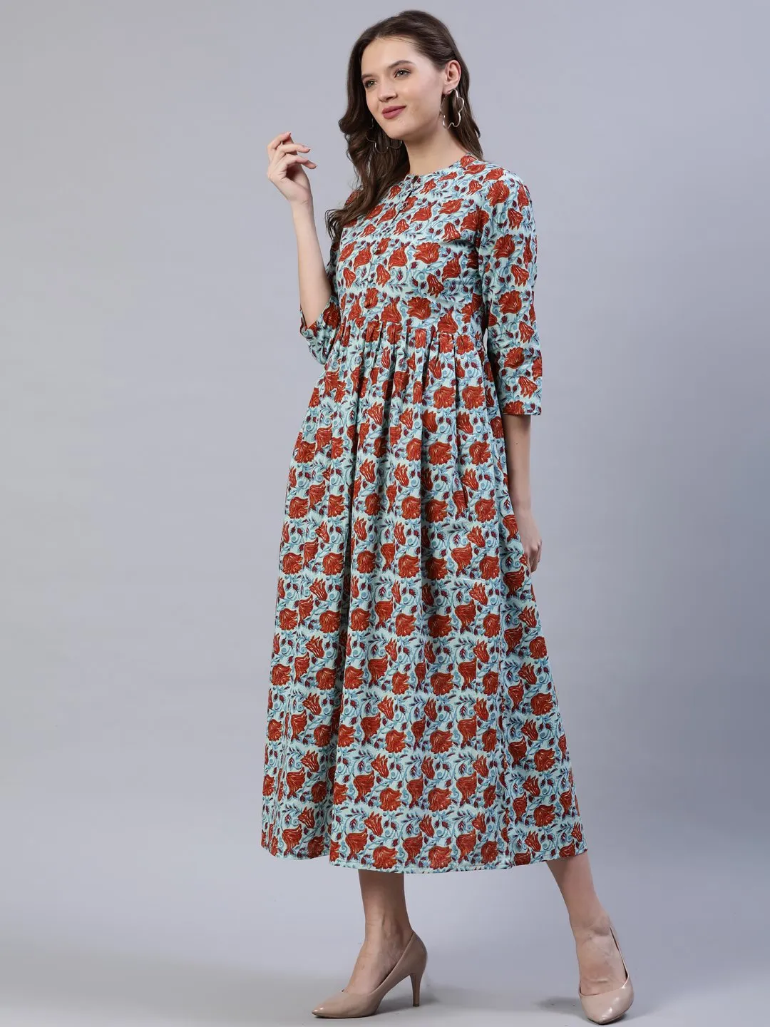 Women Blue & Rust Floral Printed Dress With Three Quarter Sleeves