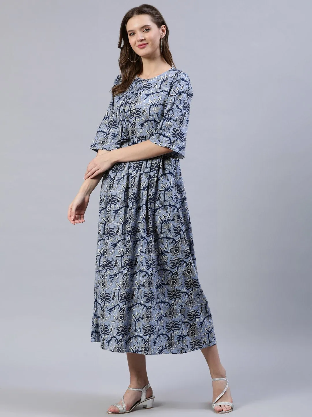 Women Blue Floral Printed Dress With Three Quarter Sleeves