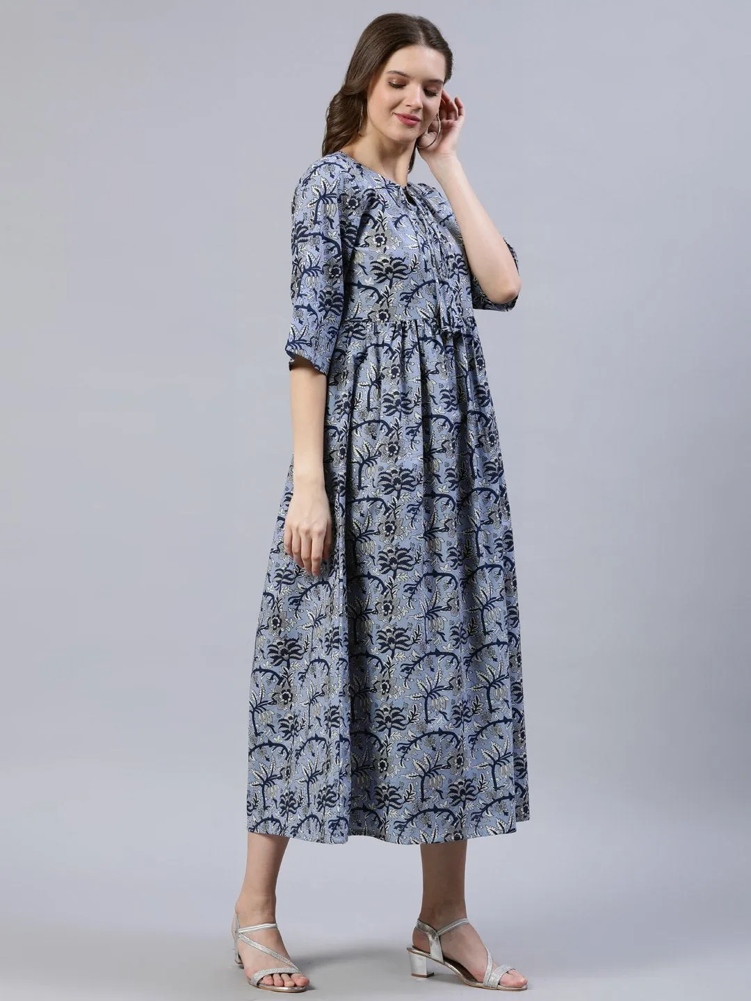 Women Blue Floral Printed Dress With Three Quarter Sleeves