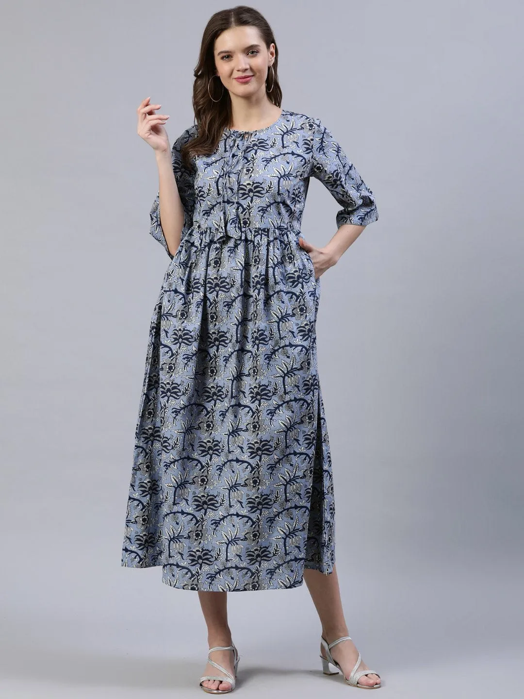 Women Blue Floral Printed Dress With Three Quarter Sleeves