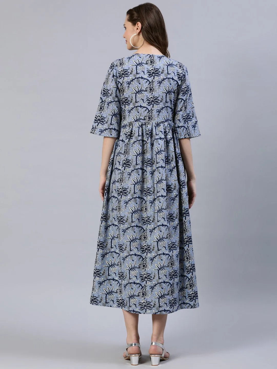 Women Blue Floral Printed Dress With Three Quarter Sleeves