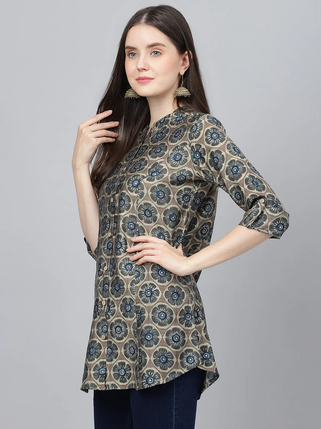 Women Brown Floral Printed Modal A-Line Shirts Style Top