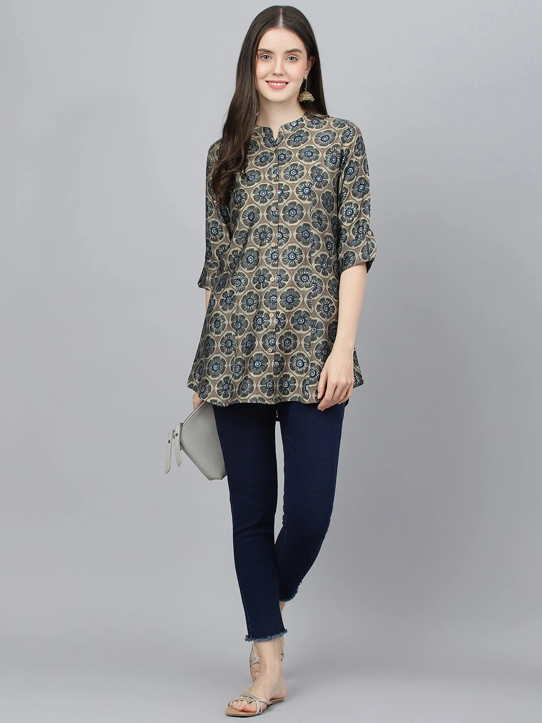 Women Brown Floral Printed Modal A-Line Shirts Style Top