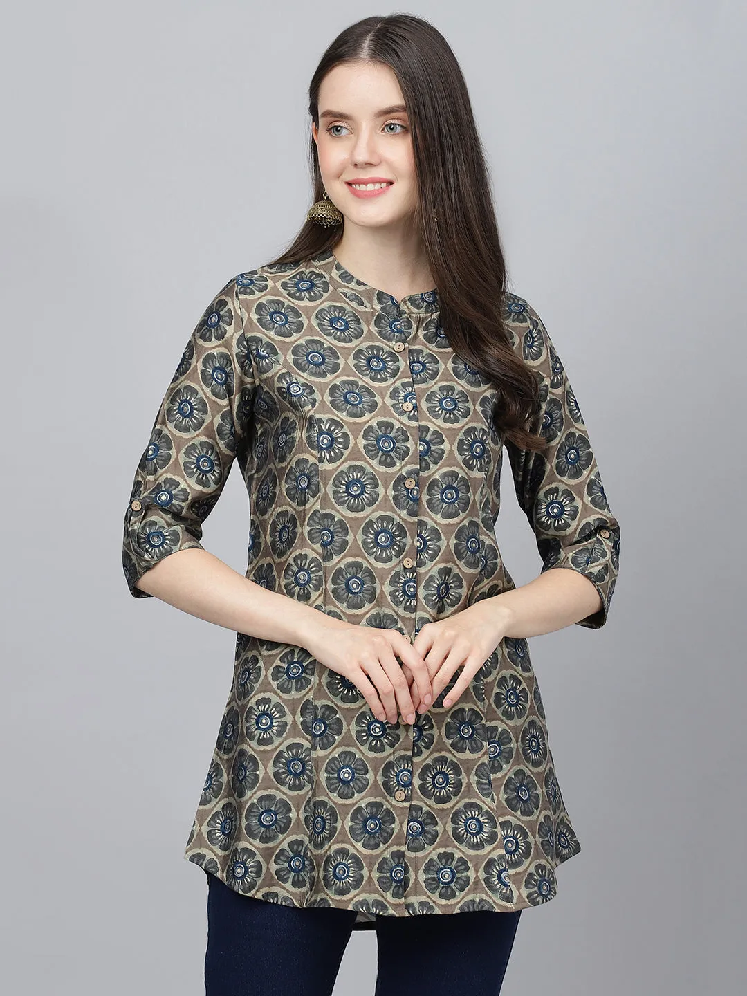 Women Brown Floral Printed Modal A-Line Shirts Style Top