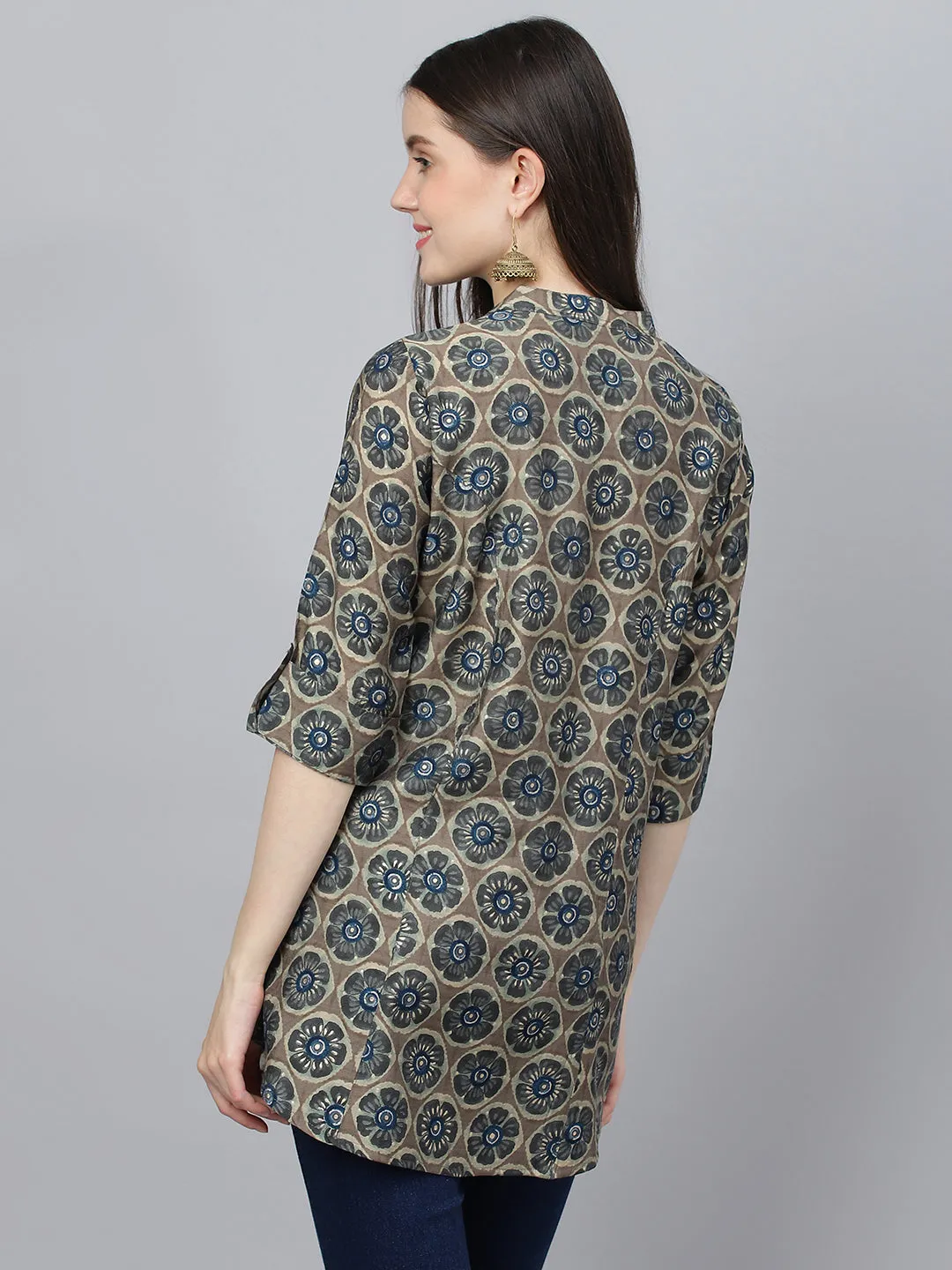 Women Brown Floral Printed Modal A-Line Shirts Style Top