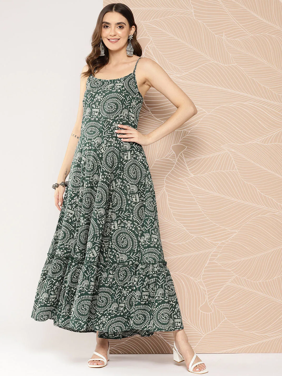 Women Green Printed Tiered Dress With Shoulder Straps