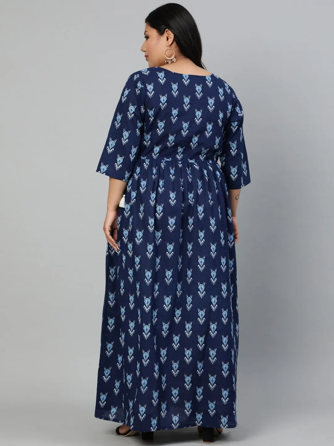 Women Indigo Blue Printed Dress With Three Quarter Sleeves & Dori Detailing