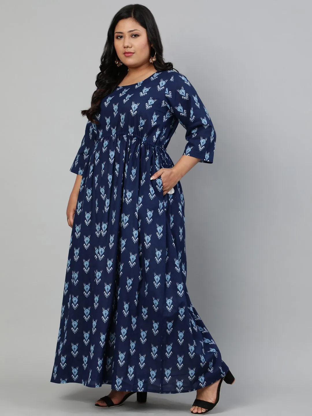 Women Indigo Blue Printed Dress With Three Quarter Sleeves & Dori Detailing