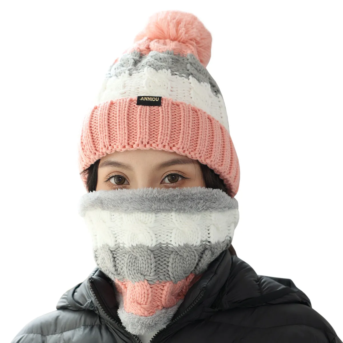 Women Knitted Hat Scarf Set Winter Warm Thicken Pom Pom Knitted Beanie Hat Fleece Lining Fashion Outdoor Cycling Windproof Knit Earmuff Cap Scarves